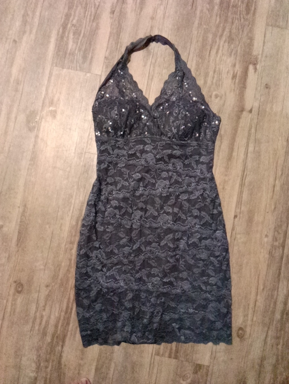 Jump Charcoal Gray One-Shoulder Lace Dress with Sequin Detail